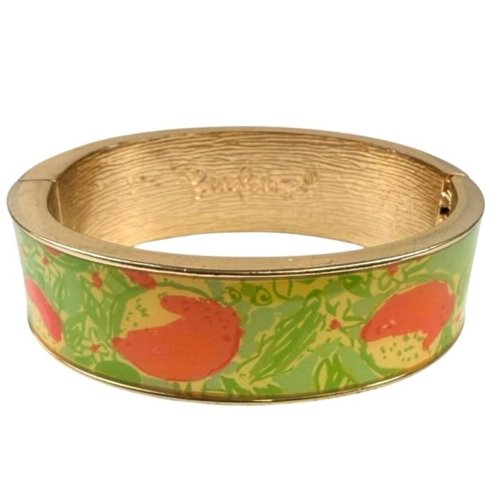 Lilly Pulitzer Boca Bangle Citrus Orange Print Hinged Bracelet Enamel Cuff